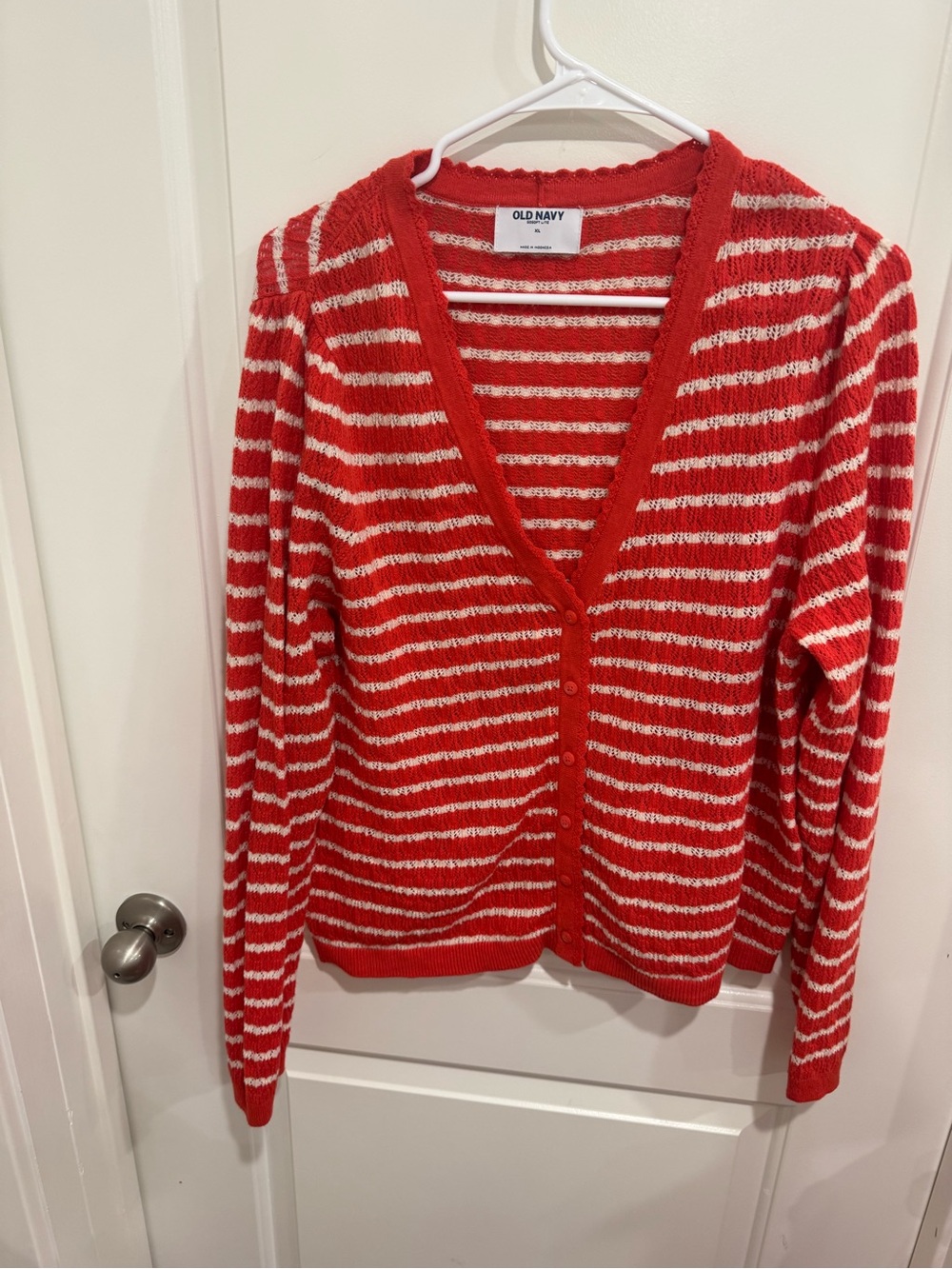 Old Navy Red and White Striped V-Neck Cardigan